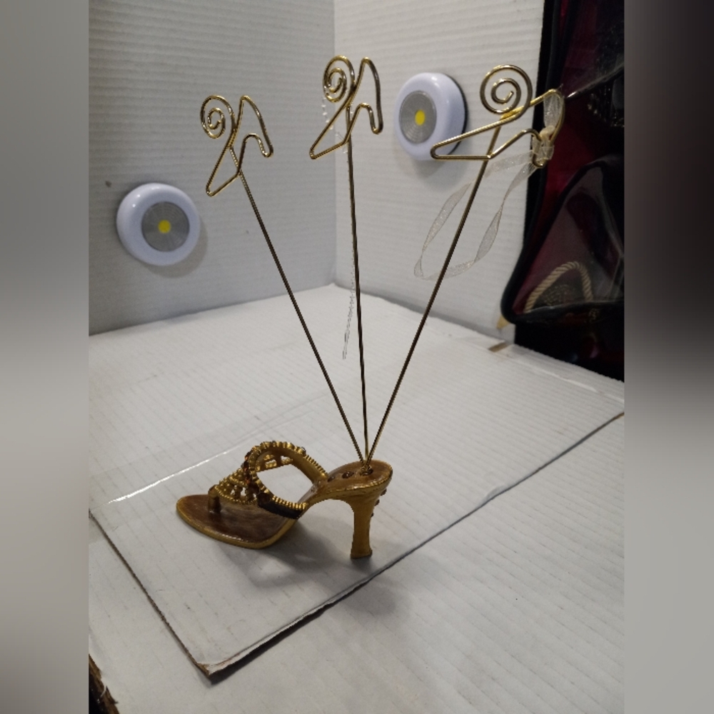Vintage Jeweled Beaded Miniature High Heel Wire Photo Display Holder Décor Gold